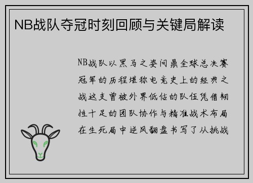 NB战队夺冠时刻回顾与关键局解读